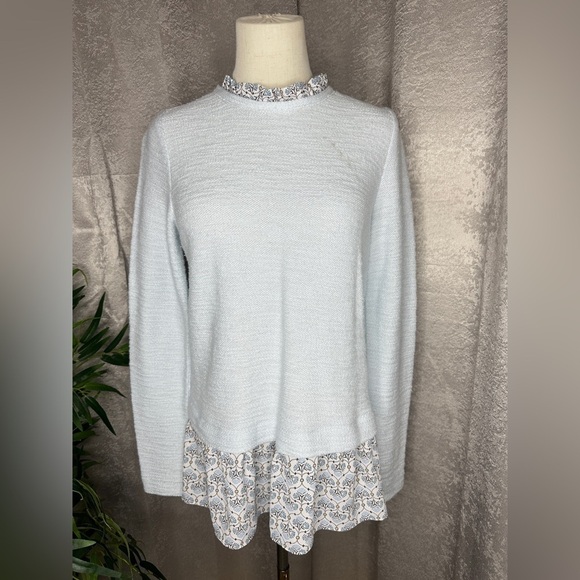 Loft Combination Textured Knit Boho Print Tunic Long Sleeve Top Blue Sz XS - Picture 1 of 10
